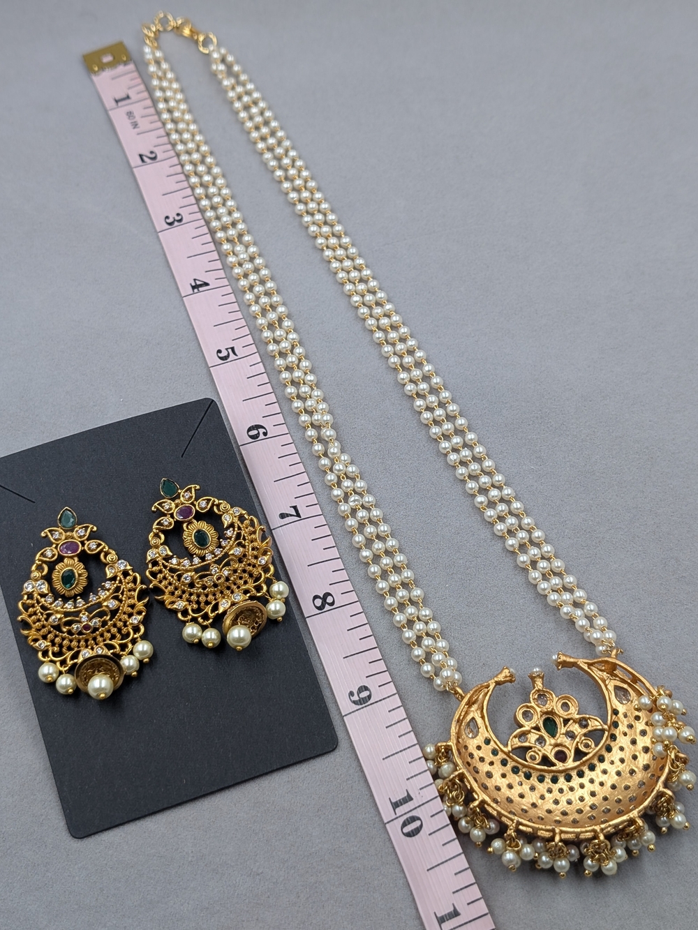 Indian Peacock Kundan Style Pearl Necklace Earrings Set Bridal | 0017 - Picture 6 of 11